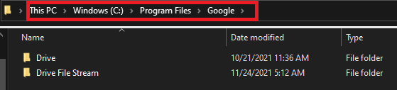 Location of google folder in Program file