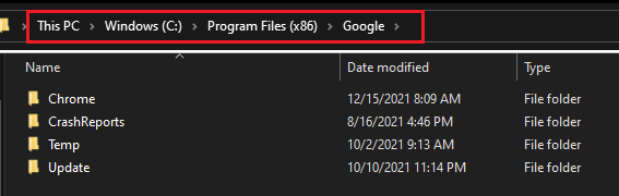 Location of google folder in Program file(x86)