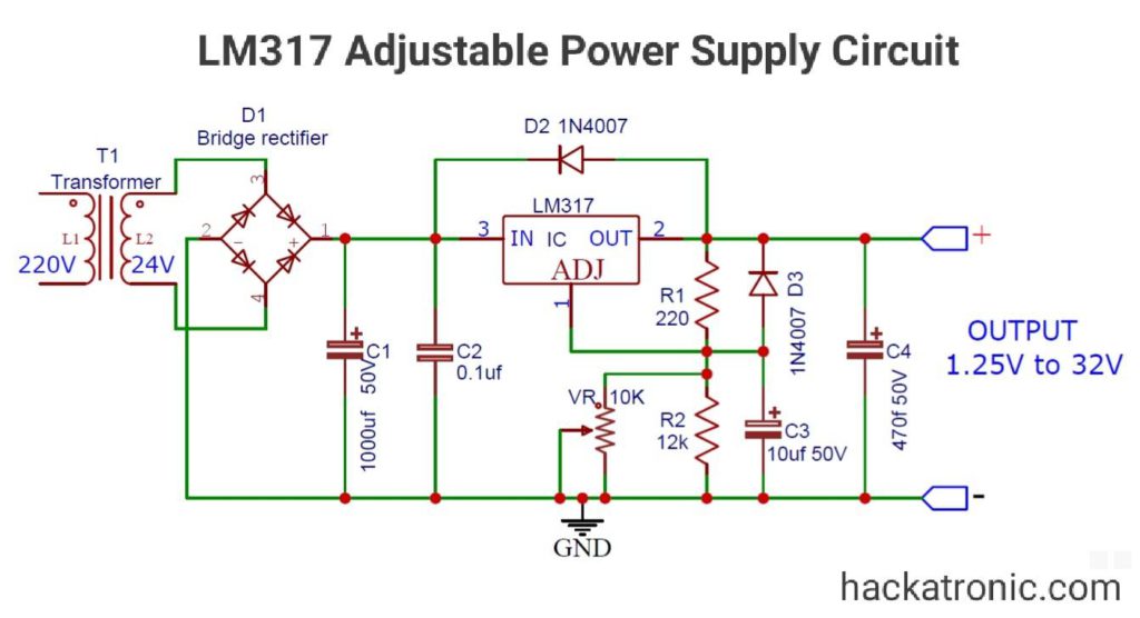 LM317 adjustable voltage regulator circuit