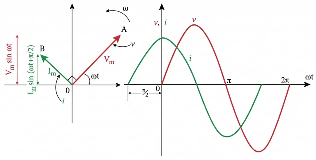Phasor Diagram and Wave Diagram of a Pure Capacitor